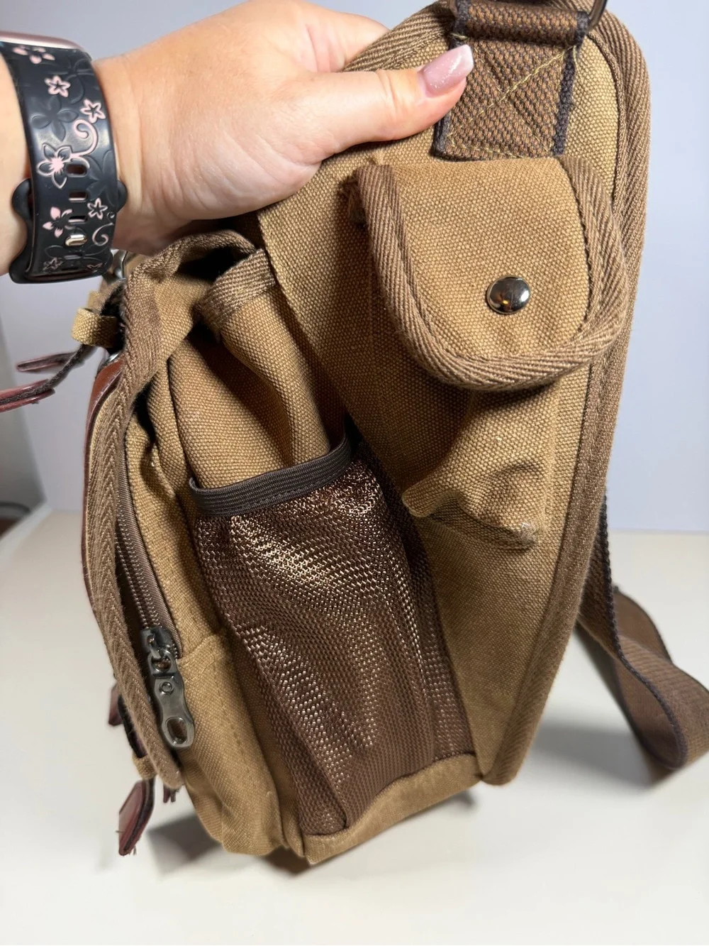 Brown Canvas Messenger Bag with Leather Trim